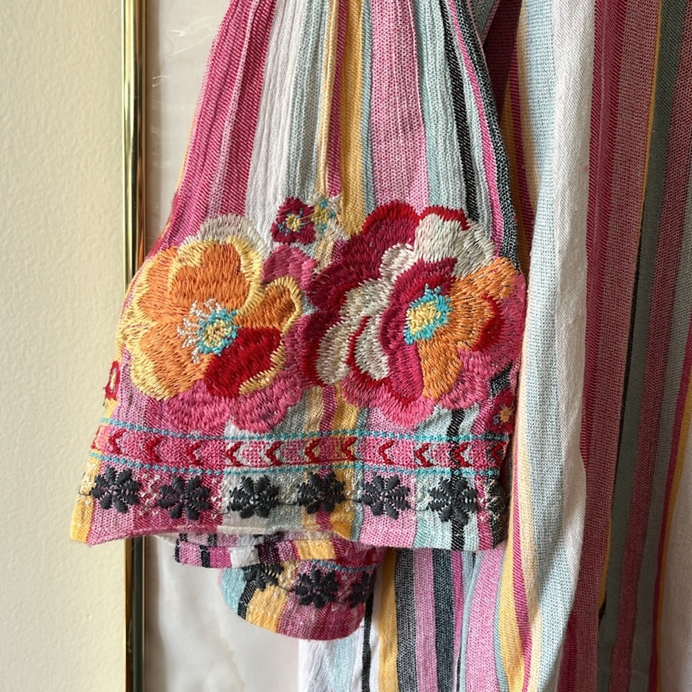 Savanna Jane Multicolor Striped Embroidered Tunic - Pink, Yellow, Teal, Red - Picture 2 of 7